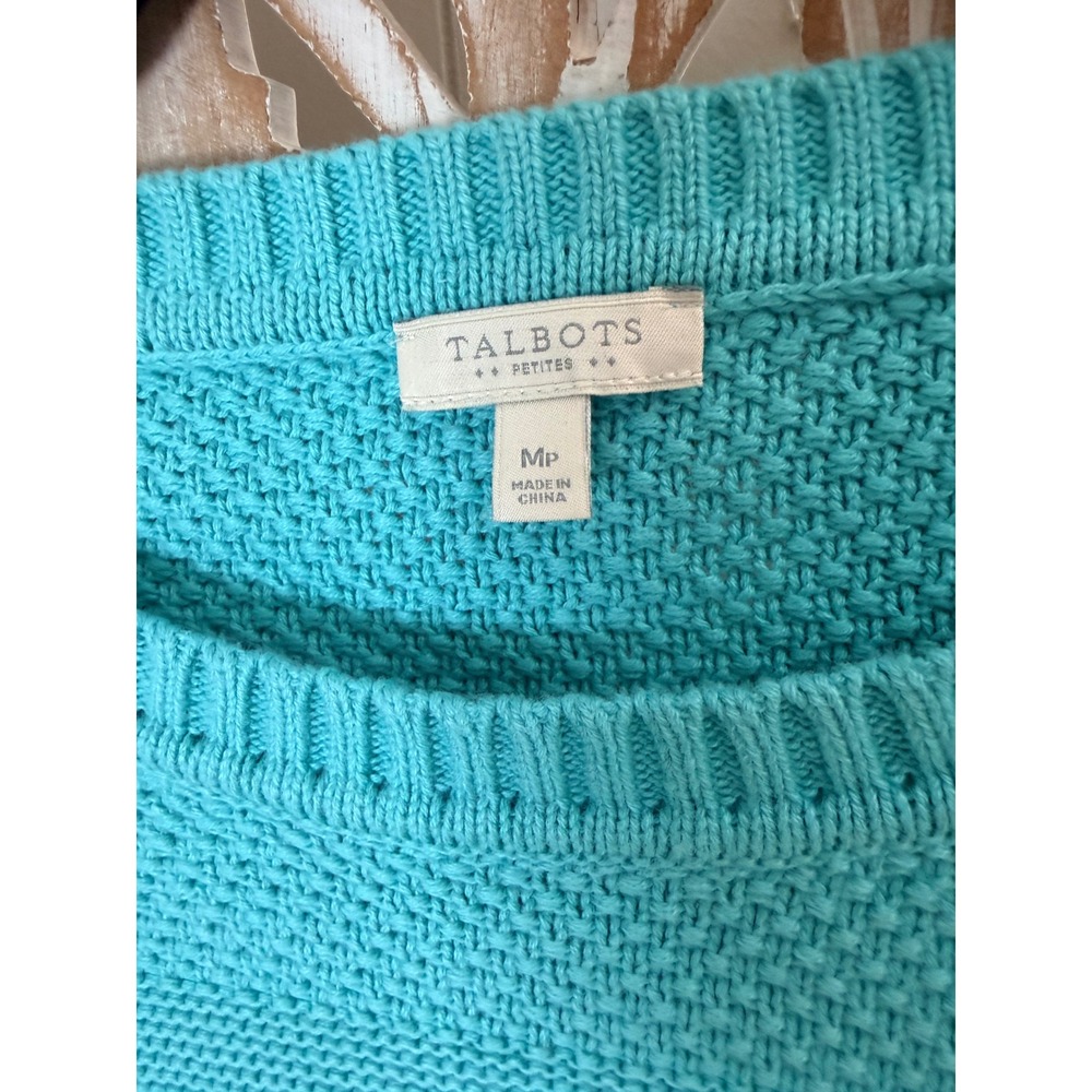 Talbots Aqua Blue Mixed Stitch Cotton Sweater Petite Medium Long Sleeve Button - Picture 3 of 6